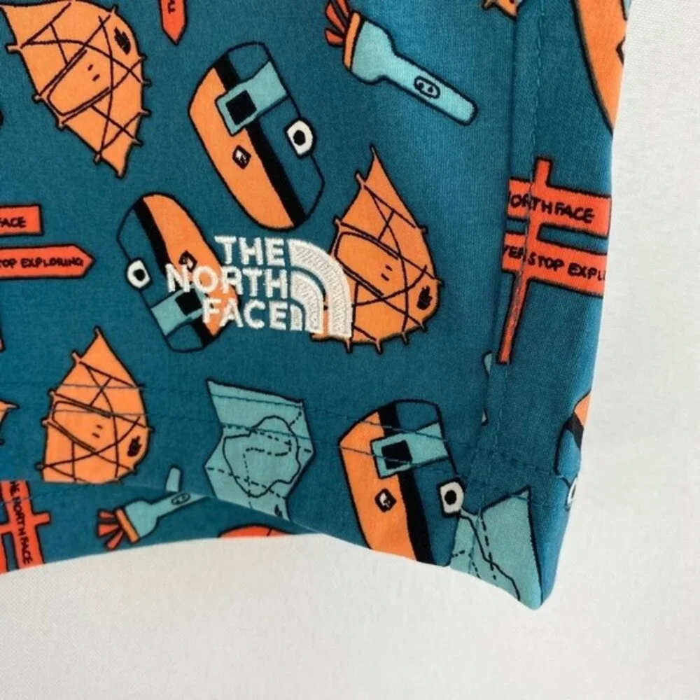 The North Face Allover Camping Print Shorts Men XL Blue Travel Coastal Beach NWT